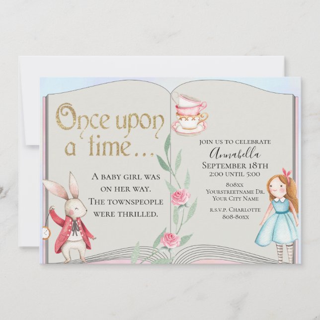 Invitation Alice au pays des merveilles Livre d'histoire aqua (Devant)