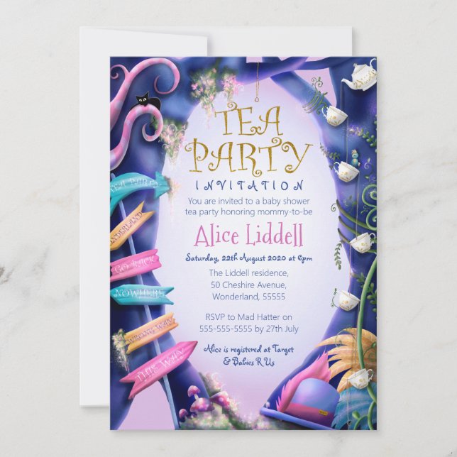 Invitation Alice au pays des merveilles, parties scintillant  (Devant)
