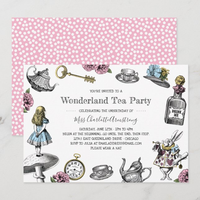 Invitation Alice au pays des merveilles Pois du Tea Party (Devant / Derrière)