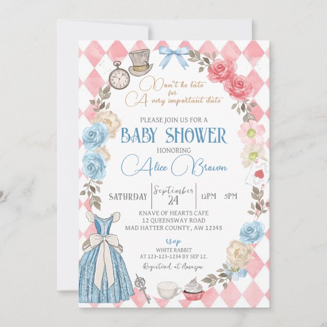 Invitation Alice au pays des merveilles, Tea Party Baby showe (Devant)