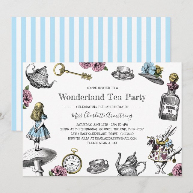 Invitation Alice au pays des merveilles Tea Party Blue Stripe (Devant / Derrière)