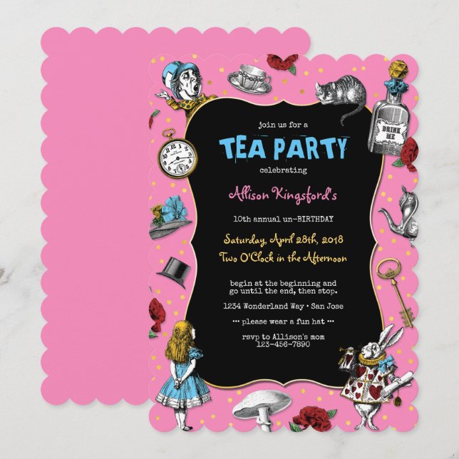 Invitation Alice au pays des merveilles Tea Party rose (Devant / Derrière)