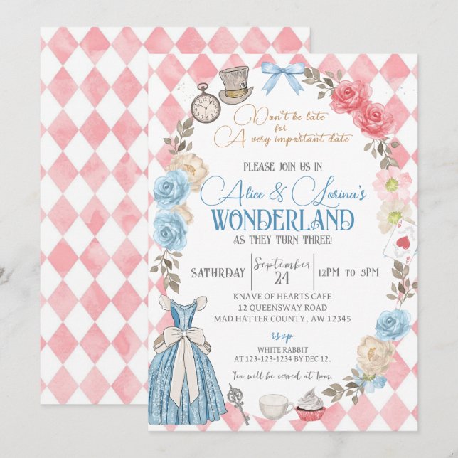 Invitation Alice au pays des merveilles, Twins 3e anniversair (Devant / Derrière)