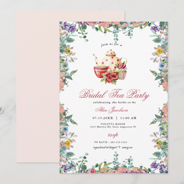 Invitation ALICE Blush Floral Bridal Tea Party Brunch Douche (Devant / Derrière)