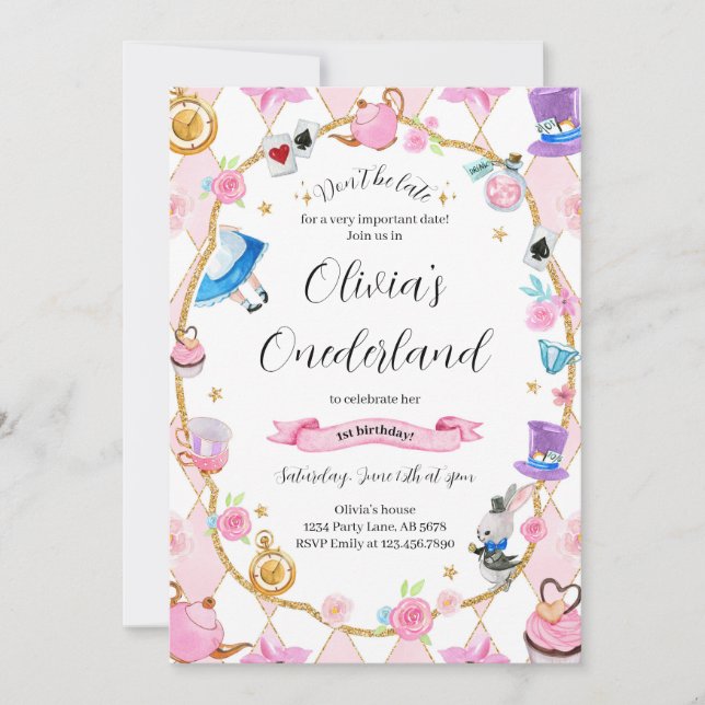 Invitation Alice dans l'Onederland 1er anniversaire rose (Devant)