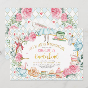 Invitation Alice dans l'Onederland Bleu rose fête de thé d'an