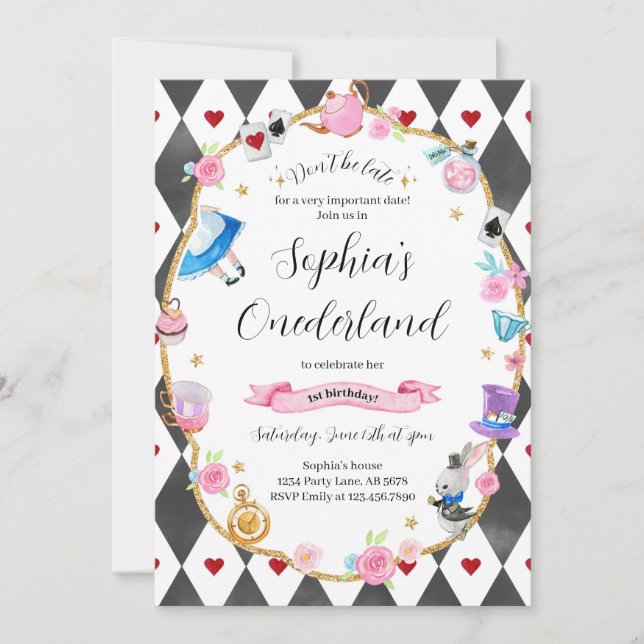 Invitation Alice dans Onederland 1er anniversaire Noir (Devant)
