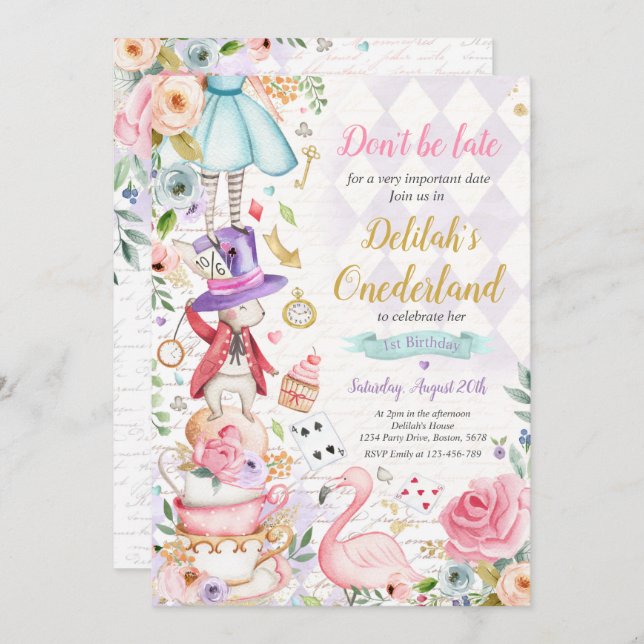 Invitation Alice dans ONEderland Anniversaire Whimsical Tea P (Devant / Derrière)