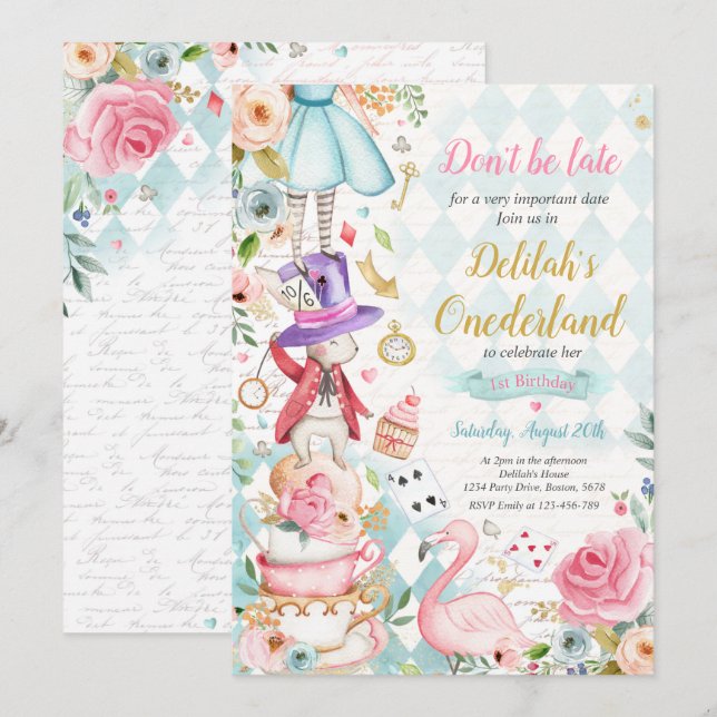 Invitation Alice dans ONEderland Anniversaire Whimsical Tea P (Devant / Derrière)