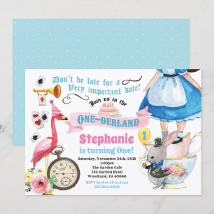 Invitation Alice dans ONEderland fête de thé bleu