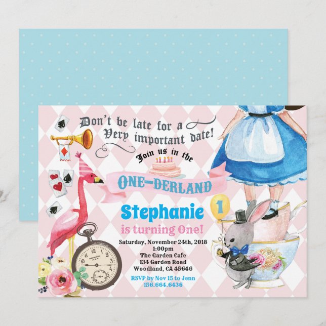 Invitation Alice dans ONEderland fête de thé rose (Devant / Derrière)