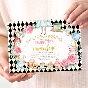 Invitation Alice d'or rose noir dans l'Onederland Thé d'anniv