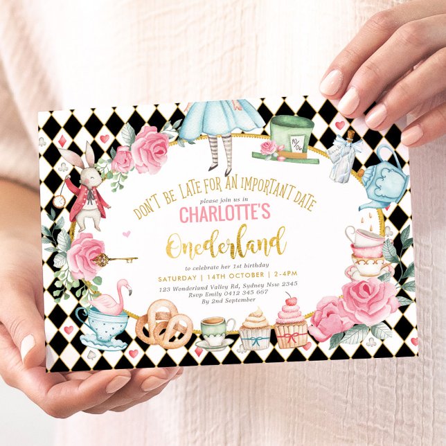 Invitation Alice d'or rose noir dans l'Onederland Thé d'anniv (Créateur téléchargé)