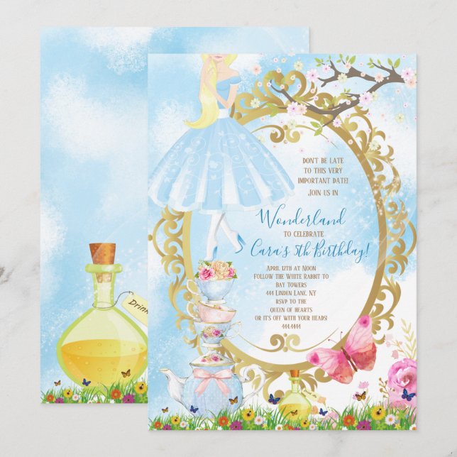 Invitation Alice en fête d'anniversaire du pays des (Devant / Derrière)