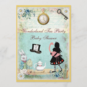 Invitation Alice et Flamant rose Wonderland Baby shower Tea P