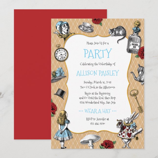 Invitation Alice lunatique en partie du pays des merveilles (Devant / Derrière)