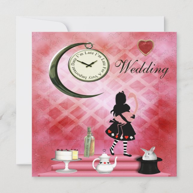 Invitation Alice lunatique et mariage rose de Flamant rose (Devant)