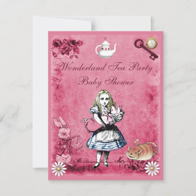 Invitation Alice rose au Baby shower du Tea Party au pays des (Devant)