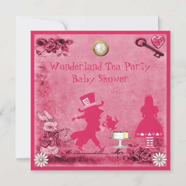 Invitation Alice rose au Baby shower du Tea Party au pays des (Devant)