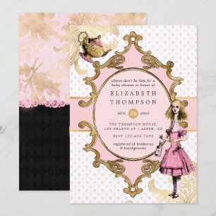 Invitation Alice rose et or dans le Baby shower Wonderland