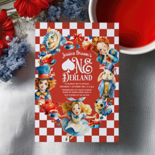 Invitation Alice rouge dans ONEDERLAND 1er anniversaire Tea P