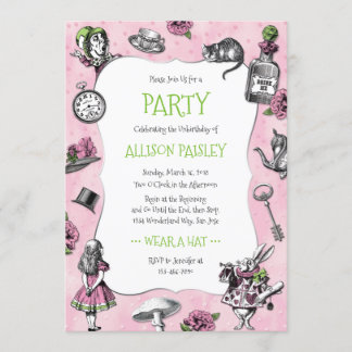 Invitation Alice Whimsical au pays des merveilles rose et ver