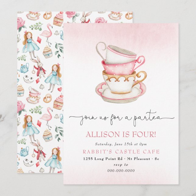 Invitation Alice Wonderland Par-Tea Girl Tea Anniversaire (Devant / Derrière)