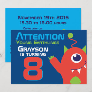 Invitation Alien anniversaire garçon 8ème bleu orange invitat