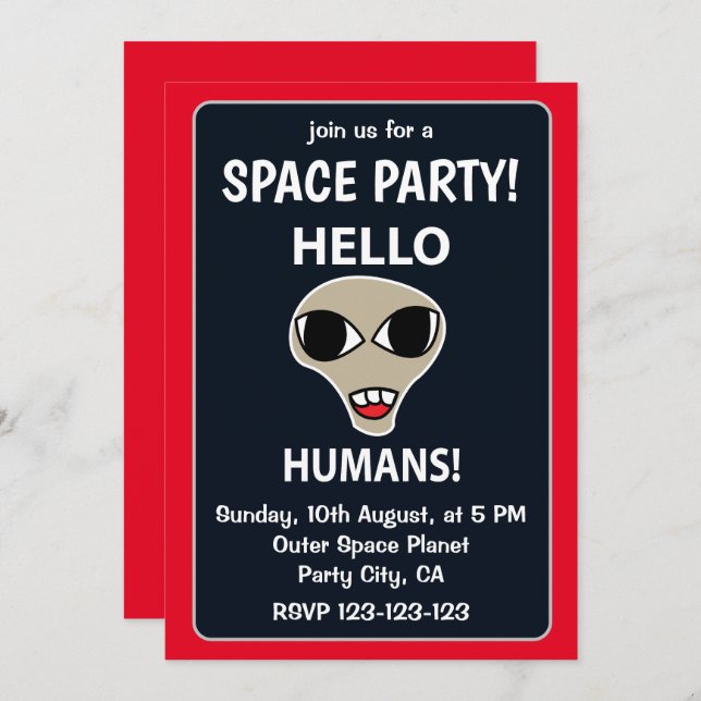 Invitation Alien Hello Humans Funny Alien Space Party (Devant / Derrière)