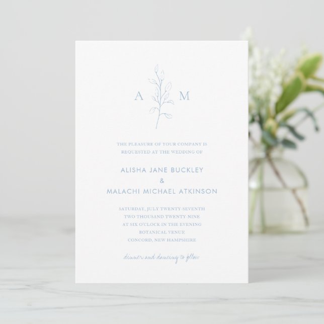Invitation Alisha Dusty Bleu Botanique Mariage élégant (Debout devant)