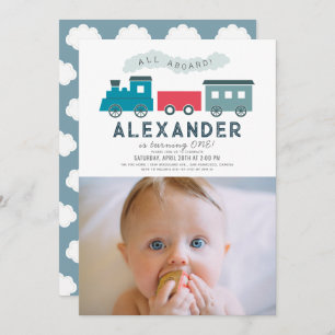 Invitation All Aboard Steam Train Blue Boy 1st Birthday Photo