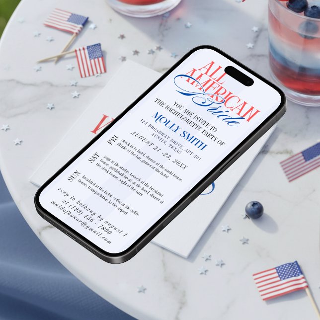 Invitation All American Bride Bachelorette Weekend Itinerary  (All American Bride Bachelorette Weekend Itinerary Invitation)