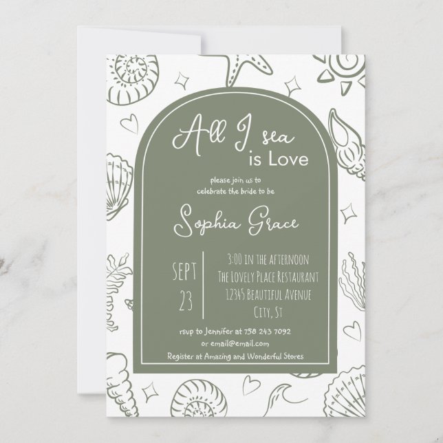 Invitation All I Sea is Love Sage Green Doodles Bridal Shower (Devant)