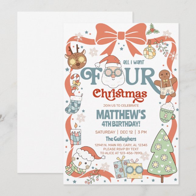 Invitation All I want FOUR Christmas boy 4th birthday invite. (Devant / Derrière)