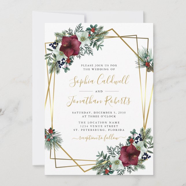 Invitation All in One Amaryllis Pine Gold Mariage d'hiver (Devant)