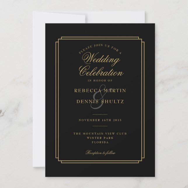 Invitation All In One Black and Gold Script Art Déco Mariage (Devant)