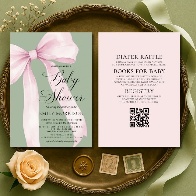 Invitation All in One Blush Pink Bow Sage Green Baby Shower (Créateur téléchargé)