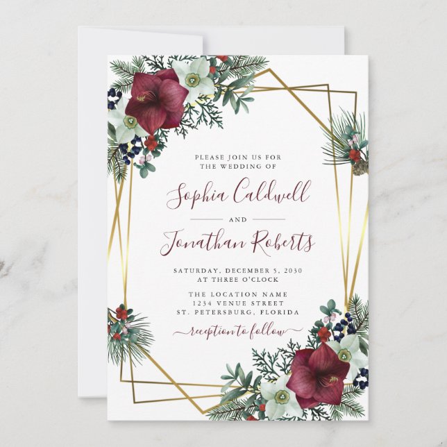 Invitation All in One Burgundy Amaryllis Pine Mariage or (Devant)
