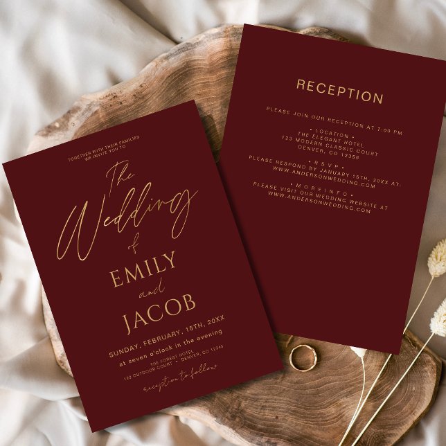 Invitation All in One Burgundy Gold Mariage Élégant Script (Créateur téléchargé)