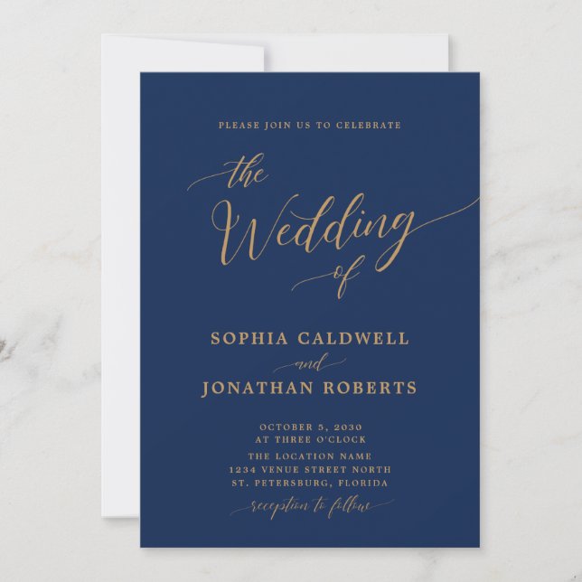 Invitation All in One Classic Gold Calligraphy Marine Mariage (Devant)