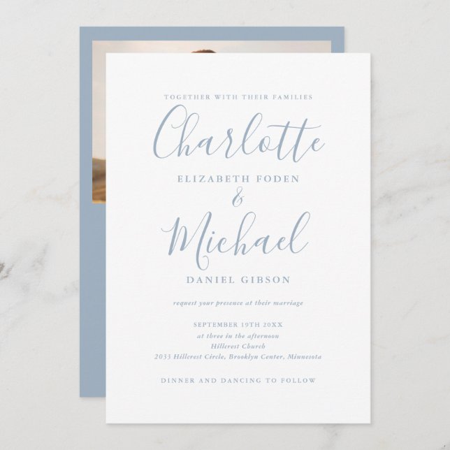 Invitation All In One Dusty Blue Chic Script Mariage photo (Devant / Derrière)