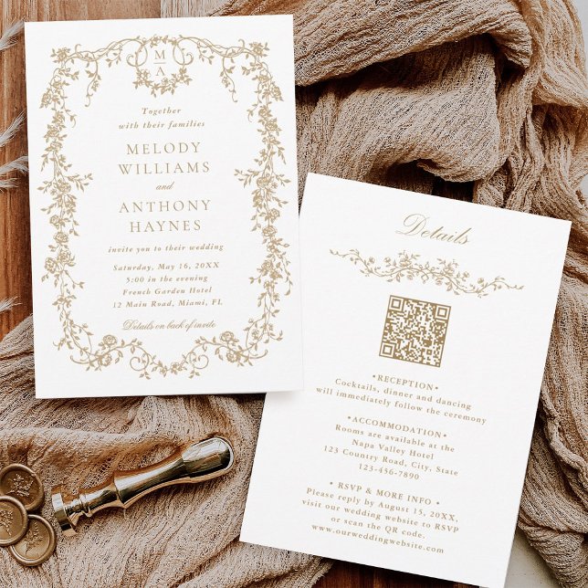Invitation All in One French Victorian Gold Floral Mariage (Front & Back)