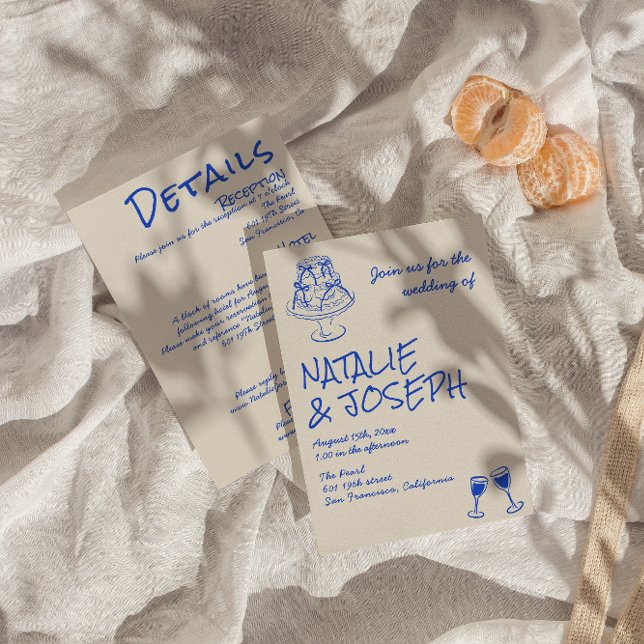 Invitation All In One Hand Drawn Blue Cake Bows Wedding  (Créateur téléchargé)