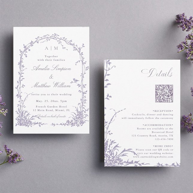 Invitation All in One Lavender Botanical Arch Garden Wedding  (Front & Back)