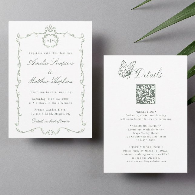 Invitation All in One Modern Classic Wedding Sage Green (Front & Back)