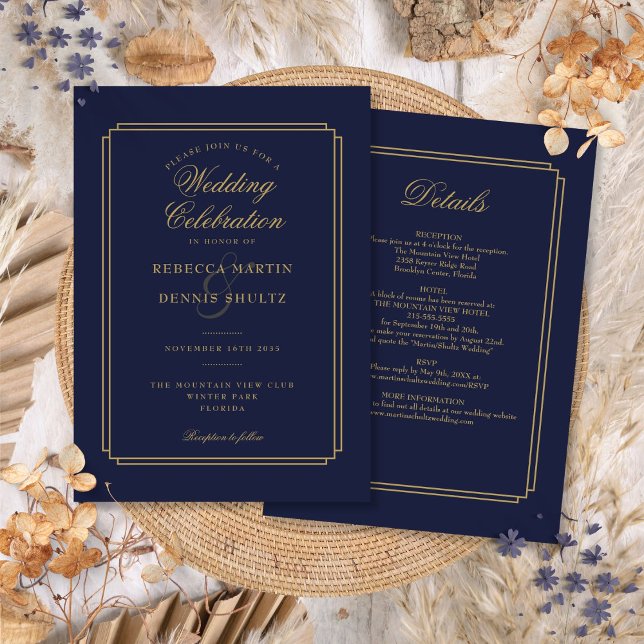 Invitation All In One Navy Blue and Gold Art Deco Mariage (All In One Navy Blue and Gold Art Deco Wedding Invitation)