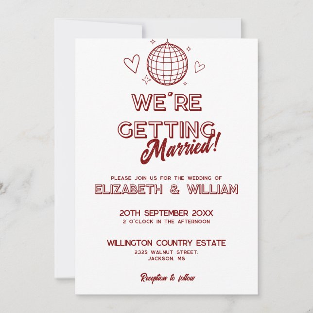 Invitation All In One Red Retro Disco Mariage Super (Devant)