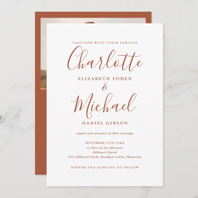 Invitation All In One Terracotta Chic Script Photo Mariage (Devant / Derrière)