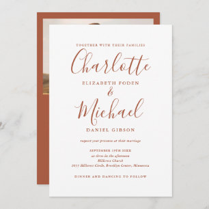 Invitation All In One Terracotta Chic Script Photo Mariage