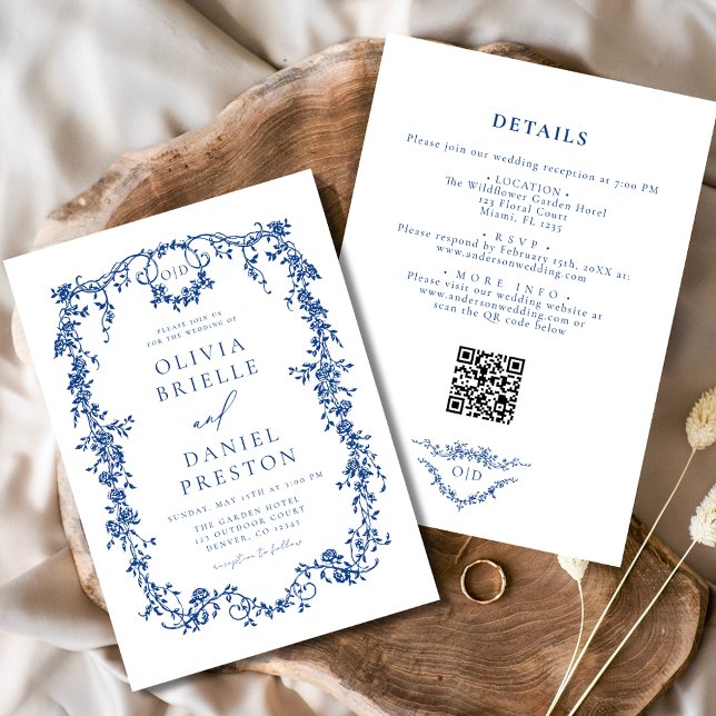 Invitation All In One Victorian Français Bleu QR Code Mariage (Créateur téléchargé)